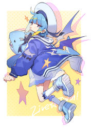 Rule 34 | 1girl, absurdres, blue hair, blue jacket, bow, bowtie, bright pupils, clenched hand, dress, duel monster, ear piercing, hat, highres, holding, holding stuffed toy, jacket, jong tu, kneehighs, lil-la (yu-gi-oh!), live twin lil-la, looking at viewer, looking back, multicolored hair, piercing, purple eyes, shoes, socks, solo, streaked hair, stuffed toy, tongue, tongue out, white pupils, wings, yu-gi-oh!
