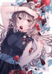 Rule 34 | 1girl, absurdres, arm up, black dress, blue sash, breasts, brown nails, candy, chocolate, chocolate bar, dress, floating hair, flower, flower bracelet, food, food in mouth, frilled dress, frills, fruit, grey hair, hand up, heart, highres, holding, holding food, holding fruit, jewelry, leaf, long hair, looking at viewer, motimoti067, original, purple eyes, ring, sash, sleeveless, sleeveless dress, small breasts, strawberry, white flower