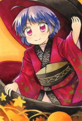 Rule 34 | 1girl, ahoge, bowl, bowl hat, closed mouth, commentary request, floral print, happy, hat, highres, japanese clothes, kimono, long sleeves, looking at viewer, maa (forsythia1729), marker (medium), mini person, minigirl, obi, pink kimono, purple eyes, sash, seigaiha, short hair, smile, solo, sukuna shinmyoumaru, touhou, traditional media, wide sleeves