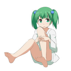Rule 34 | 1girl, bare legs, barefoot, bottomless, cato (monocatienus), commentary, convenient leg, feet, full body, green eyes, green theme, hair bobbles, hair ornament, japanese clothes, kimono, kisume, long hair, long sleeves, looking at viewer, open mouth, simple background, sitting, solo, touhou, twintails, white background, white kimono, wide sleeves