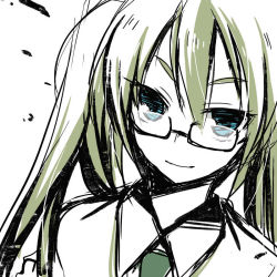 Rule 34 | 1girl, bad id, bad pixiv id, bespectacled, glasses, hatsune miku, long hair, looking at viewer, simple background, smile, solo, tamura hiro, vocaloid, white background