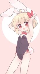 Rule 34 | 1girl, ahoge, animal ears, ass, black leotard, blonde hair, bow, covered navel, detached collar, fake animal ears, fake tail, feet out of frame, hair bow, highres, kibisake, leotard, pink background, rabbit ears, rabbit tail, red bow, red eyes, rumia, short hair, solo, strapless, strapless leotard, tail, touhou