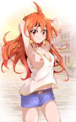 Rule 34 | 1girl, ahoge, arms behind head, arms up, belt, blue shorts, breast slip, breasts, brown belt, building, camisole, closed mouth, collarbone, commentary, commission, cowboy shot, dusk, earrings, gradient background, hair between eyes, hair strand, headband, highres, jewelry, light blush, lina inverse, long hair, looking at viewer, messy hair, midriff peek, navel, nipple slip, nipples, orange eyes, outdoors, paid reward available, red hair, short shorts, shorts, slayers, small breasts, smile, solo, stone floor, stretching, v-shaped eyebrows, walking, white camisole, yuzukiaz