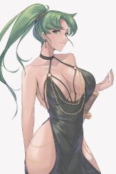 1girl :| absurdres alternate_costume bare_arms bare_shoulders belly_chain black_dress border breasts calmgreentori chain cleavage closed_mouth collarbone commentary_request cover cowboy_shot dress earrings evening_gown fire_emblem fire_emblem:_the_blazing_blade floating_hair glint gold_chain green_eyes green_hair grey_background halter_dress halterneck high_ponytail highres hip_vent jewelry large_breasts long_hair looking_at_viewer low_neckline lyn_(fire_emblem) meme_attire modakawa_dress nintendo o-ring ponytail simple_background sleeveless sleeveless_dress solo standing sword thick_thighs thighs weapon wide_hips