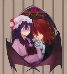 Rule 34 | 2girls, bat wings, blush, book, candle, gloves, hair ribbon, kissing hand, head wings, holding, holding book, kiss, koakuma, library, long hair, multiple girls, nail polish, noel (pixiv5459099), one eye closed, patchouli knowledge, purple eyes, purple hair, red eyes, red hair, red nails, ribbon, surprised, touhou, wide-eyed, wing hug, wings, yuri