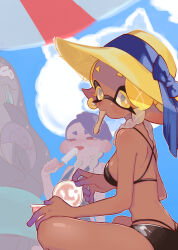 Rule 34 | 1boy, 2girls, absurdres, alternate costume, alternate hairstyle, bare shoulders, big man (splatoon), bikini, black bikini, blonde hair, blue hair, blue one-piece swimsuit, blue ribbon, blue sky, blush, braid, breasts, bright pupils, cephalopod eyes, colored eyelashes, cup, dark-skinned female, dark skin, day, earrings, food, frye (splatoon), green eyes, hair behind ear, hat, hat ribbon, highres, holding, holding cup, holding food, holding popsicle, ice cream cup, ice cream spoon, inkling, innertube, jewelry, licking, long hair, long pointy ears, looking at viewer, mainichi yamucha, medium breasts, mouth hold, multiple girls, nintendo, octoling, one-piece swimsuit, outdoors, pink pupils, pointy ears, popsicle, red eyes, ribbon, shiver (splatoon), short eyebrows, single earring, sitting, sky, splatoon (series), splatoon 3, spoon, star-shaped pupils, star (symbol), straw hat, suction cups, sun hat, sweat, swim ring, swimsuit, symbol-shaped pupils, tentacle hair, twin braids, two-tone eyes, white pupils, yellow eyes, yellow hat
