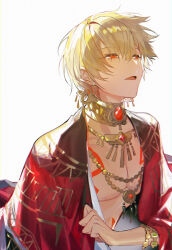 Rule 34 | 1boy, absurdres, blonde hair, bracelet, earrings, fate/grand order, fate (series), gilgamesh (fate), gilgamesh (sumerian garb) (fate), hair between eyes, highres, jewelry, k7 (kk7 000), long sleeves, looking away, looking up, male focus, necklace, official alternate costume, open mouth, pectorals, red eyes, short hair, simple background, solo, tattoo, toned, toned male, upper body, white background