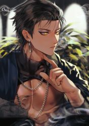 Rule 34 | 1boy, bare pectorals, brown hair, dark-skinned male, dark skin, earrings, eyeshadow, fate/grand order, fate (series), hand on own chin, highres, jewelry, looking away, makeup, male focus, necklace, ozymandias (fate), pearl necklace, pectorals, sakura hitsuji, short hair, signature, solo, stroking own chin, twitter username, yellow eyes