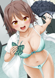 Rule 34 | 1girl, :d, absurdres, ahoge, bathroom, black skirt, black socks, blush, bow, bow bra, bow panties, bowtie, bra, breasts, brown hair, cleavage, collarbone, collared shirt, green bow, green bowtie, green bra, green panties, hair between eyes, highres, holding neckwear, indoors, looking at viewer, lower teeth only, medium breasts, medium hair, miel (lessontome), navel, non-web source, open clothes, open mouth, open shirt, original, panties, pleated skirt, shirt, skirt, smile, socks, solo, standing, standing on one leg, striped bow, striped bowtie, striped clothes, sweat, teeth, thigh gap, underwear, undressing, unworn bowtie, unworn neckwear, unworn skirt, upper teeth only, white shirt, yellow eyes