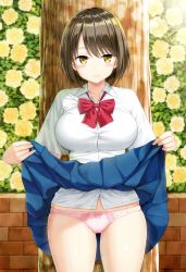 Rule 34 | 1girl, absurdres, blue skirt, bob cut, bow, bow panties, bowtie, breasts, brick wall, brown eyes, brown hair, bursting breasts, bush, cameltoe, closed mouth, clothes lift, cowboy shot, day, dress shirt, flower, highres, large breasts, lifted by self, looking at viewer, loose bowtie, miniskirt, original, outdoors, panties, pink panties, pleated skirt, red bow, red bowtie, rose, rose bush, school uniform, shirt, short hair, short sleeves, skindentation, skirt, skirt lift, smile, solo, standing, thighs, tree, underwear, white shirt, wing collar, yahiro pochi, yellow flower, yellow rose