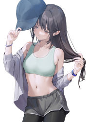 Rule 34 | 1girl, bare shoulders, baseball cap, black hair, black pantyhose, breasts, collarbone, cowboy shot, crop top, dolphin shorts, green sports bra, grey jacket, grey shorts, hat, unworn hat, unworn headwear, holding, holding clothes, holding hat, jacket, long hair, looking away, medium breasts, midriff, navel, ne-on, off shoulder, open clothes, open jacket, orange eyes, original, pantyhose, short shorts, shorts, sidelocks, simple background, sleeveless, solo, sports bra, stomach, sweatdrop, watch, white background, wristwatch