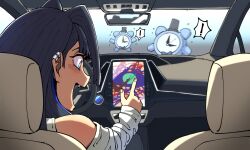 Rule 34 | 1girl, alarm clock, blue eyes, blue hair, bow, bow earrings, car, car interior, clock, driving, earrings, fang, gps, hair intakes, hat, highres, hololive, hololive english, jewelry, kronie (ouro kronii), left-hand drive, motor vehicle, oruruca86, ouro kronii, ouro kronii (casual), rear-view mirror, short hair, steering wheel, top hat, virtual youtuber