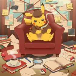 Rule 34 | book, bookmark, brown hat, chair, clothed pokemon, creatures (company), cyaneko, detective pikachu, detective pikachu (character), detective pikachu (game), game freak, gen 1 pokemon, hat, holding, holding smoking pipe, looking at viewer, magnifying glass, nintendo, papers, pen, pikachu, poke ball, pokemon, sitting, smile, smoke, smoking pipe