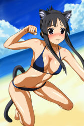 Rule 34 | 00s, 1girl, akiyama mio, all fours, alternate hairstyle, animal ears, barefoot, beach, bikini, black eyes, black hair, blush, breasts, cat ears, cat girl, cat tail, clenched hand, day, female focus, k-on!, large breasts, long hair, outdoors, paw pose, sky, solo, swimsuit, tail, yuuki1103