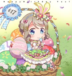 Rule 34 | 1girl, :&gt;, animal ears, basket, blue eyes, blue ribbon, blush, bow, rabbit ears, character name, chibi, clothing cutout, clover, clover (flower), commentary request, dated, day, dress, easter, easter egg, egg, flower, green dress, grey hair, group name, hair bow, hair ornament, hair up, hairband, hairpin, happy birthday, izumi kirifu, looking at viewer, love live!, love live! school idol festival, love live! sunshine!!, outdoors, petals, pink bow, ribbon, short sleeves, shoulder cutout, sitting, solo, striped, striped bow, watanabe you