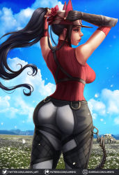 Rule 34 | 1girl, adjusting hair, animal hat, ass, bandolier, black hair, breasts, brown eyes, bullet, cat hat, chaps, cloud, cloudy sky, day, elbow gloves, field, flower, flower field, from behind, gloves, hair ornament, hair scrunchie, harness, hat, highres, kai schren, large breasts, lips, long hair, looking back, luminyu, military, military uniform, military vehicle, motor vehicle, mountainous horizon, nature, nose, outdoors, pants, ponytail, red sweater, scrunchie, senjou no valkyria (series), senjou no valkyria 4, signature, sky, sleeveless, sleeveless turtleneck, smile, solo, sweater, tank, tight clothes, tight pants, turtleneck, turtleneck sweater, uniform, vambraces