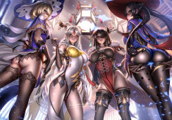 Rule 34 | 4girls, ass, ass focus, bare shoulders, beidou (genshin impact), black hair, blonde hair, bodystocking, breasts, curvy, elbow gloves, genshin impact, gloves, hand on own hip, highres, liang xing, lisa (genshin impact), looking at viewer, mona (genshin impact), multiple girls, ningguang (genshin impact), red lips, skin tight, skindentation, spread ass, thigh gap, thighhighs, thighs, white hair