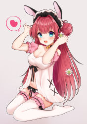 Rule 34 | 1girl, animal ears, arms up, babydoll, bad id, bad pixiv id, bell, blue eyes, blush, bow, bow panties, breasts, cleavage, collar, double bun, fake animal ears, flower, frilled thighhighs, frills, hair bun, hair flower, hair ornament, hairband, heart, highres, jingle bell, long hair, navel, no shoes, nufucha, open mouth, original, panties, pink garter, pink panties, rabbit ears, red hair, ribbon, sitting, smile, solo, spoken heart, striped clothes, striped panties, thighhighs, underwear, underwear only, very long hair, white babydoll, white thighhighs