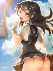 Rule 34 | 10s, 1girl, :d, ass, back, black hair, black panties, black skirt, black vest, blue sky, blush, cloud, collared shirt, cowboy shot, day, floating hair, from behind, gloves, green eyes, hair ornament, hairclip, kantai collection, long hair, looking at viewer, looking back, miniskirt, open mouth, oyashio (kancolle), panties, pantyshot, pleated skirt, sasano shiki, shade, shirt, short sleeves, skirt, sky, smile, solo, sunlight, thong, twitter username, underwear, upskirt, vest, white gloves, white shirt, wind, wind lift
