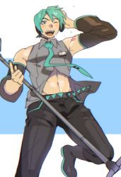 Rule 34 | 1boy, abs, bare shoulders, belt, black pants, blue eyes, blush, boots, bulge, detached sleeves, genderswap, genderswap (ftm), green eyes, green hair, hatsune miku, highres, looking at viewer, male focus, microphone, midriff, muscular, nail polish, navel, necktie, open mouth, pants, pectorals, sagami jon, short hair, solo, thigh boots, thighhighs, vocaloid