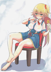 Rule 34 | 1girl, akai haato, akai haato (1st costume), bare legs, barefoot, blonde hair, blouse, blue eyes, blue skirt, blush, breasts, chair, hair between eyes, hair ornament, hand fan, heart, heart hair ornament, highres, hololive, hot, large breasts, long hair, moroboshi meteo, nose blush, one side up, paper fan, red ribbon, ribbon, see-through, shirt, short sleeves, skirt, solo, sweat, very long hair, virtual youtuber, wet, wet clothes, white shirt