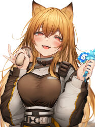 Rule 34 | 1girl, absurdres, animal ear fluff, animal ears, arknights, belt, blush, breasts, breath, brown jacket, ceobe (arknights), dog ears, dog girl, fangs, hair between eyes, hands up, highres, holding, holding mushroom, jacket, light brown hair, long hair, long sleeves, looking at viewer, medium breasts, multicolored clothes, multicolored jacket, mushroom, open mouth, red eyes, simple background, solo, tab head, two-tone jacket, upper body, white background, white jacket