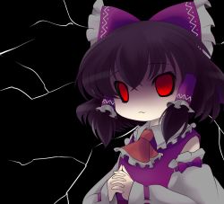 Rule 34 | 1girl, ascot, bow, brown hair, chibi, detached sleeves, female focus, hair bow, hair tubes, hakurei reimu, own hands clasped, own hands together, red eyes, shaded face, short hair, solo, touhou, yume shokunin