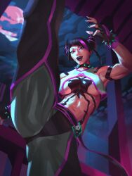 Rule 34 | abs, absurdres, architecture, bare arms, belt, black coat, black hair, breasts, cloud, cloudy sky, coat, collar, east asian architecture, fingerless gloves, flexible, from below, gloves, green nails, han juri, highres, jeremy anninos, large breasts, leg up, moon, multicolored hair, night, night sky, no bra, open mouth, outdoors, pants, pink eyes, pink hair, purple lips, sharp teeth, shirt, sky, spiked collar, spikes, street fighter, street fighter 6, teeth, tongue, two-tone hair, underboob, white shirt