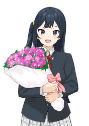 Rule 34 | 1girl, absurdres, black hair, bouquet, commentary, flower, grey eyes, hair ornament, highres, holding, holding bouquet, long hair, looking at viewer, love live!, love live! nijigasaki high school idol club, nijigasaki school uniform, one side up, school uniform, sidelocks, smile, solo, tatsumi432, upper body, white background, yuki setsuna (love live!)