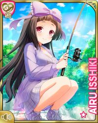Rule 34 | 1girl, black hair, bow, character name, closed mouth, collarbone, day, dress, fishing, fishing rod, girlfriend (kari), hair bow, head bow, isshiki airu, jacket, long hair, official art, outdoors, purple bow, purple dress, purple jacket, qp:flapper, red eyes, ribbon, river, shoes, side ponytail, sitting, smile, sneakers, solo, squatting, tagme