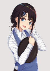 Rule 34 | 1girl, apron, black hair, blue apron, blue eyes, collared shirt, fang, grey background, hair ornament, hairclip, hand in own hair, hand up, highres, holding, holding tray, itachi kanade, long sleeves, looking at viewer, open mouth, original, shirt, simple background, smile, solo, striped clothes, striped shirt, tray, upper body, waitress, white shirt
