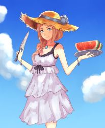 Rule 34 | 1girl, blue eyes, blue sky, bracelet, breasts, brown hair, cleavage, cloud, collarbone, day, dress, felicia (fire emblem), fire emblem, fire emblem fates, food, fruit, hair over shoulder, hat, highres, holding, holding knife, holding plate, jewelry, knife, layered dress, leatzche, long hair, looking at viewer, medium breasts, necklace, nintendo, outdoors, plate, sky, sleeveless, sleeveless dress, smile, solo, standing, straw hat, sun hat, sundress, watermelon, white dress, yellow hat