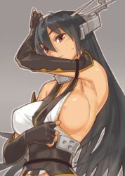 Rule 34 | 10s, 1girl, areola slip, arm up, armpits, bare shoulders, black gloves, black hair, breasts, brown eyes, clothes pull, elbow gloves, fingerless gloves, flashing, gloves, grey background, hair between eyes, headgear, huge breasts, kantai collection, large breasts, long hair, nagato (kancolle), no bra, obi, sash, shirt pull, sideboob, simple background, solo, strap slip, sun-3, sweat