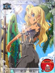 Rule 34 | 1girl, animal print, ariake mishio, armpits, ass, bathing, bikini, blonde hair, blue eyes, bodysuit, border, breasts, card (medium), character name, closed mouth, cloud, cowboy shot, dark-skinned female, dark skin, day, diving suit, expressionless, female focus, fence, fish print, fuuun! nadeshiko collection, hair between eyes, hair bobbles, hair ornament, holding own arm, legs apart, long hair, looking at viewer, looking back, messy, mino tarou, mud, nature, nudist, official art, one side up, outdoors, outstretched arm, palm tree, parted bangs, plant, polka dot, showering, sky, small breasts, solo, standing, surfboard, swimsuit, tan, transparent, tree, water, wavy hair, wet, wetsuit, zenra