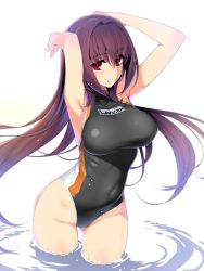Rule 34 | 1girl, armpits, arms behind head, black one-piece swimsuit, breasts, commentary request, competition swimsuit, covered navel, cowboy shot, fate/grand order, fate (series), hair intakes, large breasts, long hair, looking at viewer, namonashi, one-piece swimsuit, parted lips, purple hair, red eyes, scathach (fate), scathach (fate), simple background, soaking feet, solo, standing, swimsuit, turtleneck, wading, water, white background