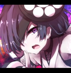 Rule 34 | 1girl, armpits, bad id, bad twitter id, bare shoulders, black hair, dutch angle, fate/grand order, fate (series), fishnets, hair over one eye, hand up, kuji-in, letterboxed, long hair, looking at viewer, mochizuki chiyome (fate), open mouth, purple eyes, sidelocks, solo, wada kazu