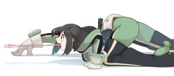 Rule 34 | 1girl, aioi u, ass, asui tsuyu, bodysuit, boku no hero academia, boots, breasts, frog girl, from side, green bodysuit, highres, long hair, long tongue, low-tied long hair, simple background, solo, thigh boots, thighhighs, tongue, tongue out, white background