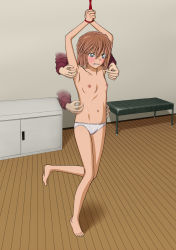 Rule 34 | 1girl, angry, armpits, arms up, barefoot, bdsm, blush, bondage, bound, bound wrists, brown hair, clenched teeth, collarbone, disembodied hand, embarrassed, female focus, flat chest, full body, grey eyes, haibara ai, have to pee, highres, indoors, leg up, looking at viewer, meitantei conan, multiple hands, navel, nipples, own hands together, panties, rope, short hair, solo, standing, standing on one leg, sweat, teeth, textless version, tickling, topless, underwear, white panties, yamazaki (pixiv 11615806)