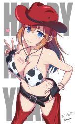 Rule 34 | 1girl, 2021, animal print, artist name, bikini, black gloves, blue eyes, blush, breasts, charlotte e. yeager, chinese zodiac, cleavage, closed mouth, collarbone, covered erect nipples, cow print, cowboy hat, dated, fingerless gloves, fumie umetora, gloves, happy new year, hat, heart, large breasts, looking at viewer, new year, orange hair, red hat, red thighhighs, shiny skin, smile, solo, strike witches, swimsuit, thighhighs, world witches series, year of the ox