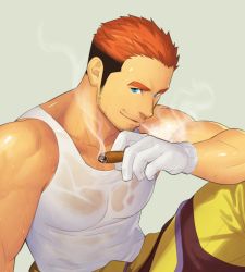 Rule 34 | 1boy, bara, bare shoulders, blue eyes, brown hair, cigar, facial hair, gloves, gyee, itto (mentaiko), long sideburns, looking at viewer, male focus, manly, mature male, muscular, muscular male, orange hair, pants, pectorals, rand (gyee), see-through, shirt, short hair, sideburns, smile, solo, stubble, tank top, undercut, wet, wet clothes, wet shirt, white gloves, white tank top, yellow pants
