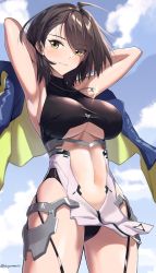 Rule 34 | 1girl, armpits, arms up, azur lane, baltimore (azur lane), black hair, blue coat, blue sky, blush, breasts, coat, cowboy shot, hair over one eye, highres, jewelry, large breasts, leotard, looking at viewer, morino (harpoomoss), navel, necklace, outdoors, parted lips, revealing clothes, short hair, sky, smile, solo, standing, twitter username, yellow eyes