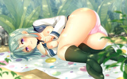 Rule 34 | 1girl, ass, blush, breasts, cecilia (resort beach de haramasete), feet, female focus, game cg, green hair, hatachi, highres, large breasts, legs, looking at viewer, lying, nipples, no bra, no shoes, on side, open clothes, panties, pink panties, plant, purple eyes, resort beach de haramasete!, sand, school uniform, short hair, socks, solo, sweat, thighs, towel, underwear