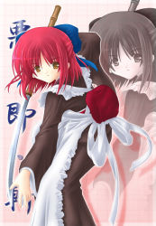 Rule 34 | 00s, 1girl, apron, black dress, blue bow, bow, brown eyes, dress, hair bow, holding, holding sword, holding weapon, katana, kohaku (tsukihime), long sleeves, looking at viewer, parted lips, poorly drawn, red hair, ribbon, short hair, solo, sword, tsukihime, weapon, white ribbon, zoom layer