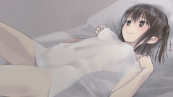 Rule 34 | 1girl, bed sheet, blush, brown eyes, brown hair, cloritin, closed mouth, commentary request, covered erect nipples, covered navel, highres, kantai collection, lying, naked sheet, on back, see-through, see-through silhouette, sendai (kancolle), short hair, smile, solo, thighs, two side up
