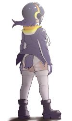 Rule 34 | 1girl, ass, bird tail, black hair, drawstring, emperor penguin (kemono friends), facing away, floating hair, from behind, full body, gloves, gm (ggommu), headphones, highres, hood, hood down, hooded jacket, jacket, kemono friends, leotard, leotard under clothes, long hair, long sleeves, penguin tail, shoes, solo, standing, tail, thighhighs