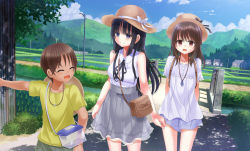 Rule 34 | 1boy, 2girls, bag, black hair, blue sky, blush, brown eyes, brown hair, building, cloud, day, dress, closed eyes, field, hat, jewelry, looking at another, looking to the side, mountainous horizon, multiple girls, necklace, open mouth, original, outdoors, pointing, purple eyes, ribbon, shirt, shitou (4h), short hair, skirt, sky, smile, standing, white dress, white shirt