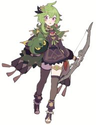 Rule 34 | 1girl, bow (weapon), brown dress, cape, collei (genshin impact), do m kaeru, doll, dress, full body, genshin impact, green cape, green eyes, hair ornament, hairclip, holding, holding bow (weapon), holding doll, holding weapon, long hair, looking at another, solo, thighhighs, thighlet, toeless footwear, weapon, white background