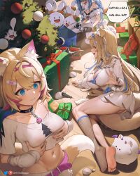Rule 34 | 3girls, animal ear fluff, animal ears, bare shoulders, barefoot, belt collar, black collar, blonde hair, blue eyes, blue hair, blush, box, braid, breast envy, breasts, christmas tree, collar, colored inner hair, commentary, crop top, cropped shirt, dog ears, dog girl, dog tail, don-chan (usada pekora), dress, english commentary, english text, feet, fishnet socks, fishnets, fuwawa abyssgard, gift, gift box, grabbing own breast, greatodoggo, highres, hololive, hololive english, large breasts, legs, long hair, medium breasts, mococo abyssgard, multicolored hair, multiple girls, navel, no shoes, one breast out, panties, pekomon (usada pekora), perroccino (fuwamoco), pleated skirt, rabbit girl, rabbit tail, shirt, short hair, siblings, single sock, sisters, skirt, socks, soles, spiked collar, spikes, streaked hair, tail, thighs, toes, twin braids, twins, two-tone hair, underwear, usada pekora, usada pekora (1st costume), very long hair, virtual youtuber, white dress, white panties, white shirt