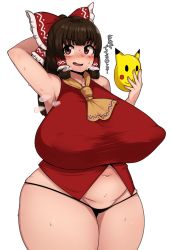 Rule 34 | 1girl, arm up, armpits, arms behind head, black hair, blush, breasts, brown eyes, cookie (touhou), curvy, covered erect nipples, hair ribbon, hakurei reimu, highres, huge breasts, kanna (cookie), long hair, looking at viewer, navel, oozon (ozon), open mouth, panties, plump, ribbon, solo, sweat, thick thighs, thighs, touhou, underwear, wide hips