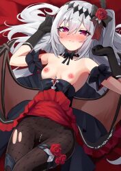 Rule 34 | 1girl, bare shoulders, bat wings, black bow, black bowtie, black dress, black gloves, black ribbon, blush, bow, bowtie, breasts, breasts out, closed mouth, commission, demon girl, diu1, dress, fishnets, flower, frilled dress, frills, gloves, hair between eyes, hair flower, hair ornament, highres, long hair, looking at viewer, lying, mare (ac8231), nipples, on back, original, pantyhose, red eyes, red flower, red rose, ribbon, rose, sidelocks, skeb commission, small breasts, solo, stocks, strapless, strapless dress, torn clothes, vampire, wings